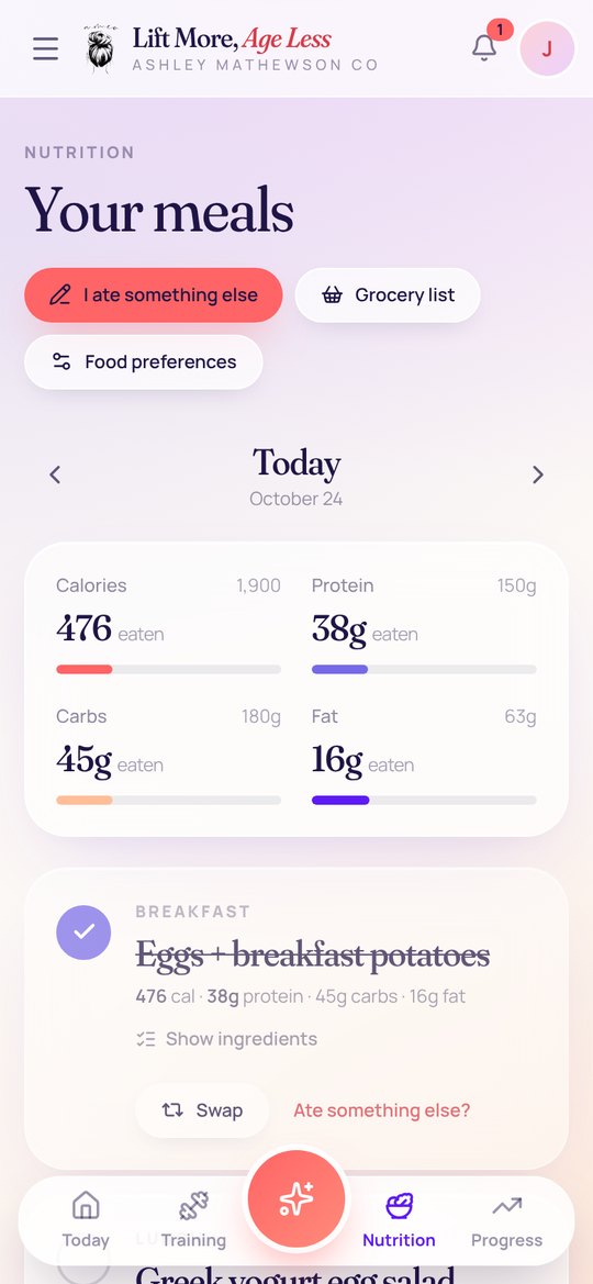 Meals and macros screen