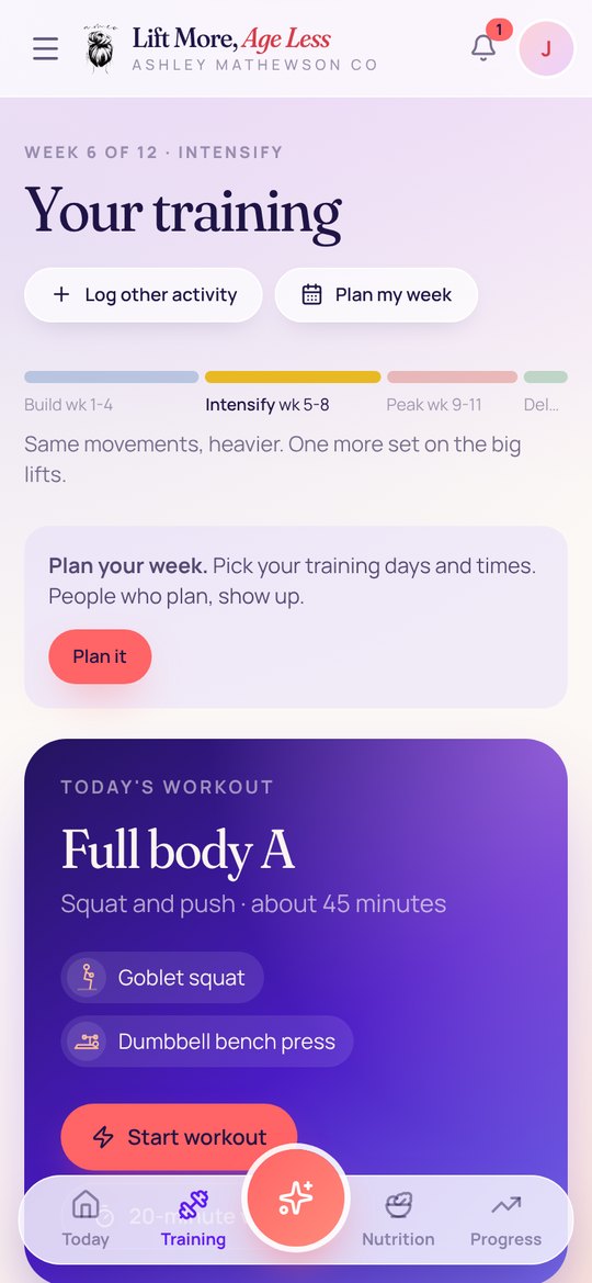 Lift More Age Less app showing today's workout