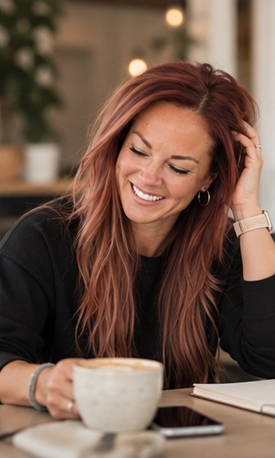 Ashley laughing over coffee and a notebook
