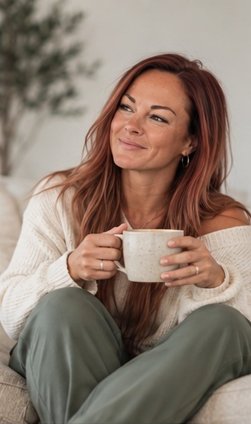 Ashley on the couch with a coffee mug
