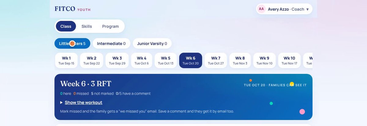 FITCO Youth coach view showing week 6 of class